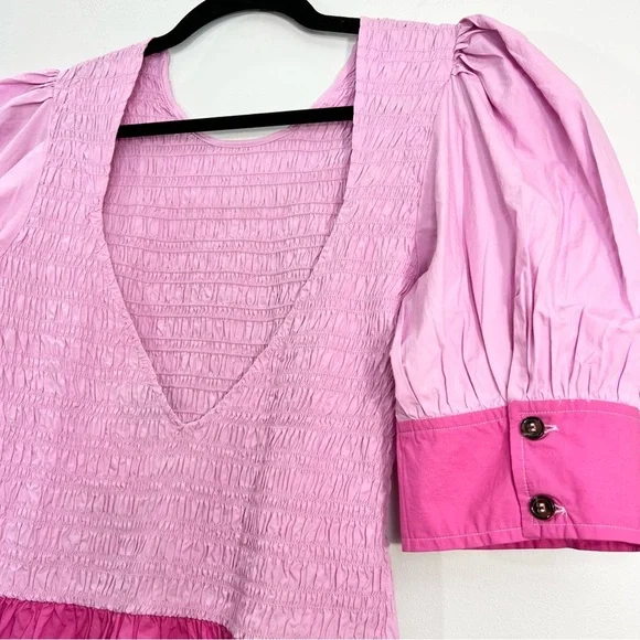 NWT GANNI COLOUR BLOCK Organic COTTON POPLIN SMOCKED MINI DRESS IN PHLOX PINK 38 - Picture 5 of 17